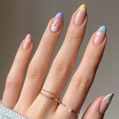 Short Almond Press on Nails Easter Fake Nails Pastel French