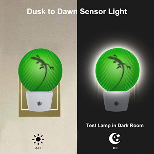 Image of Gecko Lizard Night Lights Plug into Wall Silhouette of Lizard Behind Green Leaf LED Dusk to Dawn Plug-in Nightlight Auto Sensor for Bedroom Bathroom Hallway Living Room