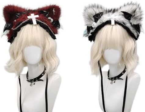 JYYY Fluffy Cat Ear Headband Gothic Lolita Faux Fur Hair Band with Lace Trim Cosplay Costume Hair Accessory