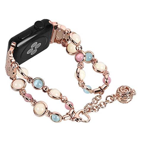 Compatible with Apple Watch Strap 42mm Rose Gold, Handmade Luminous Pearl iWatch Series 4/3/2/1 44mm 42mm Jewelry Bracelet Link Adjustable Clasp Wristband with Perfume Storage Pendant for Women Girls Cover
