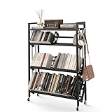 ybaymy Book Carts with Wheels, Library Rolling Book Cart 4 Tier Movable Bookshelf Mobile Large Capacity Organizer Rack for Teacher Classroom Office Room School (46.5'' H)