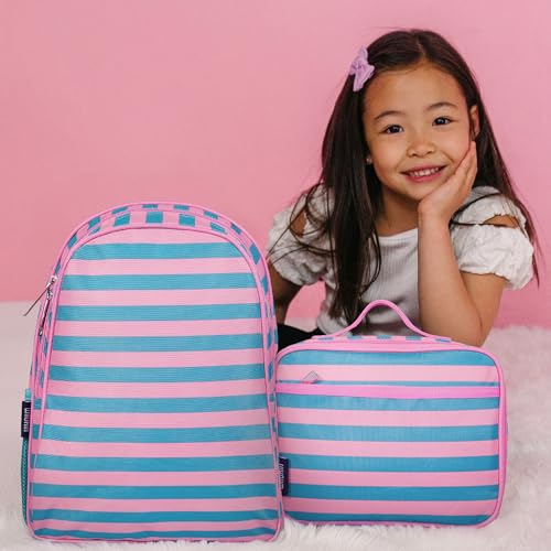 Image of Wildkin 15 Inch Backpack for Kids, Pink Stripes | Ages 5-10, padded straps, side water bottle pocket - coordinates with matching Wildkin lunch boxes