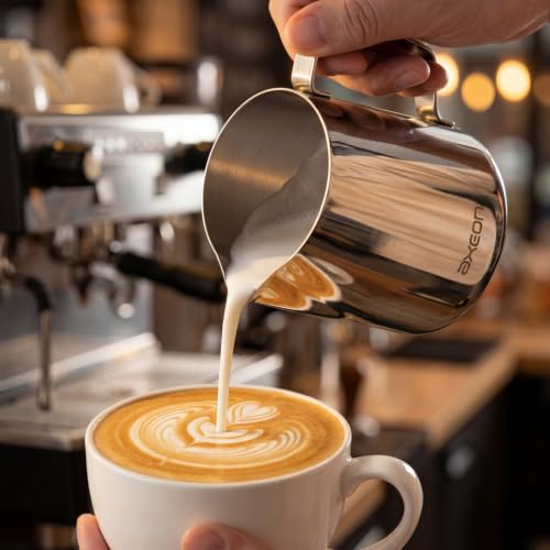 Image of Axeon Milk Frother for Latte Art - 470ml | Stainless Steel Espresso Milk Frothing Jug with Internal Scale & Matte Coating | V-Spout for Latte Art | Barista Steam Jug for Cappuccino & Coffee (Silver)