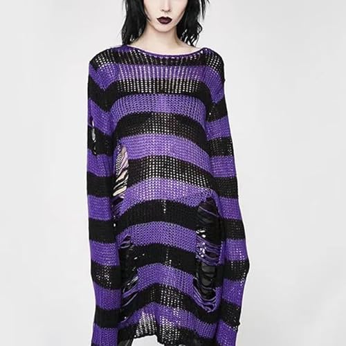 Women Y2K Striped Ripped Grunge Sweater Tops Oversized Long Sleeve Goth Punk Hollow Out Loose Knit Pullover Tops2