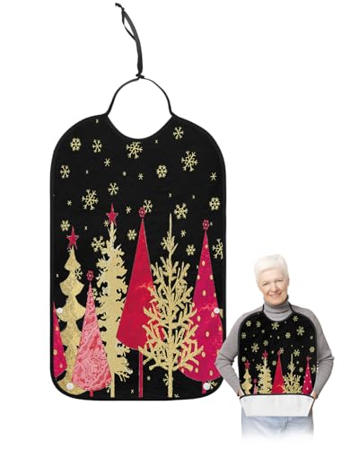 LEOKOTI Red Yellow Christmas Tree Adult Bibs for Eating, Waterproof Bibs with Food Catcher & Adjustable Snap Closure, Xmas Snowflake Classic Black Washable Clothing Protectors Adult Bibs for Elderly