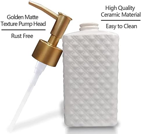 ohihuw Gold Soap Dispenser, Ceramic Lotion Pump Bottle with Refined and Vintage Emboss, Home Decoration for Bathroom or Kitchen (White)