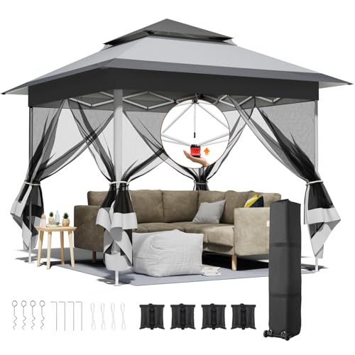Gazebo pieghevole 3,3x3,3 m, con 4 pannelli laterali in zanzariera, One Push tenda con doppio tetto, Gazebo impermeabile da giardino 4 PCS Sacchi di Sabbia, per mercato/campeggio/spiaggia, Grigio