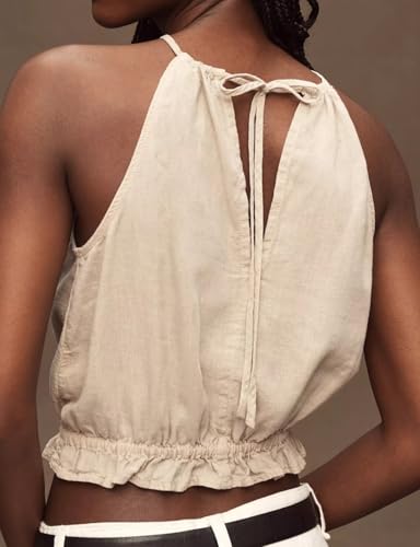 IDEALSANXUN Womens Crop Linen Halter Tops Summer High Neck Tank Tops Sleeveless Shirts2