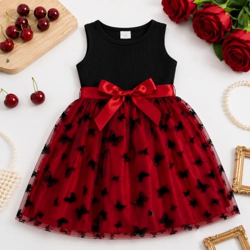 Image of TAGAS Baby Girls Party Dress with Shrug, Headband & Purse | Butterfly Net Frock with Bow | Birthday Dress Set | 4-Piece Outfit | Red & Black | Ages 1-9 Years