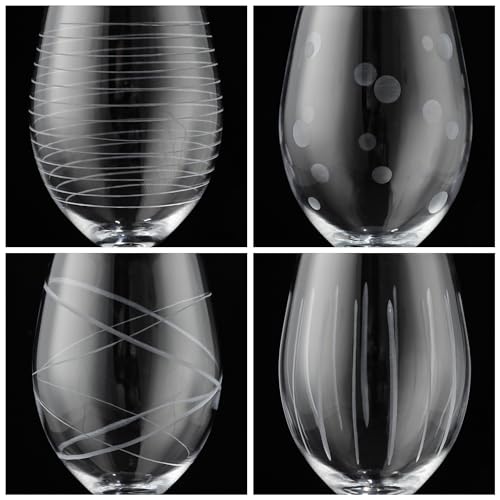 Joeyan Hand Blown Etched Red and White Wine Glasses,Carved Stripes Dots Stemmed Glasses,Clear Long Stem Glassware Set for Wine Tasting Birthday Anniversary Wedding,560 ml,Set of 4 - Image 5