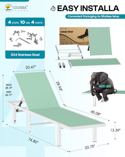 Patio Chaise Lounge Chair Set of 2, Outdoor Lounge Chairs with Wheels, 5-Position Adjustable Sun Loungers for Pool, Deck, Beach, Light Green - Thumbnail 2