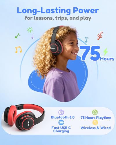 Acer Kids Bluetooth Headphones, Over Ear Headphone for Kids with Mic, 75H Playtime, 85dBA Safe Volume, Bluetooth 6.0, USB C Fast Charging, Toddler Headphones for iPad/Tablet/Travel/School-Black Red — view 5