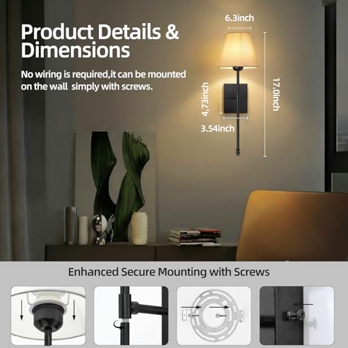Image of Rechargeable Battery Operated Wall Sconces Set of 2, Black Wireless Fabric Shade Wall Sconce with Remote Control, Dimmable RGB Color Changing Wall Lamp for Bedroom Living Room Hallway, 20.47 inch Tall