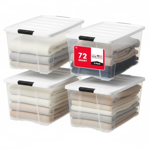 Image of IRIS USA 72 Qt Stackable Storage Bins with Lids, 4 Pack, Clear Plastic | Made in USA with secure latching handles for closet organization, toys, crafts, office supplies, and seasonal storage.
