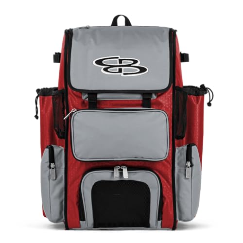 Boombah Superpack Bat Pack - Backpack Version (no wheels) - Holds up to 4 Bats - BPSPC23 Red/Gray - For Baseball or Softball