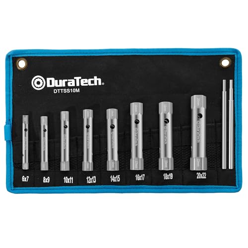 DURATECH Jeu de 10 clés à douille tubulaire avec 2 barres tommy, métrique, 6-22 mm, jeu de clé à pipe pour écrous arrières pour plomberie, installations...