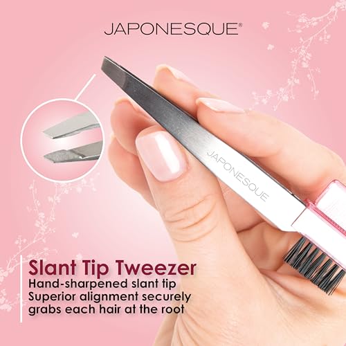 JAPONESQUE Premium Brow Shaper 3-IN-1 Tool Features a Slant Tweezer, Brow Brush & Lash Comb. Precision Crafted, Hand Sharpened Tips for Shaping & Defining Brows
