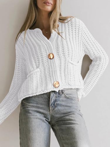 BeautyNee Women's Cardigan Sweaters Button Down Cropped Chunky Knit Cardigan Jacket Long Sleeve Trendy Tops with Pockets2