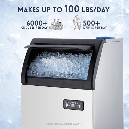 Image of Ice Maker Machine, 100LBS /24h with 33LBS Commercial Ice Storage Bin, Under Counter Countertop Ice Machine, Self-Cleaning, Stainless Steel Freestanding,Ice Scoop, Quiet Compressor for Home and Business