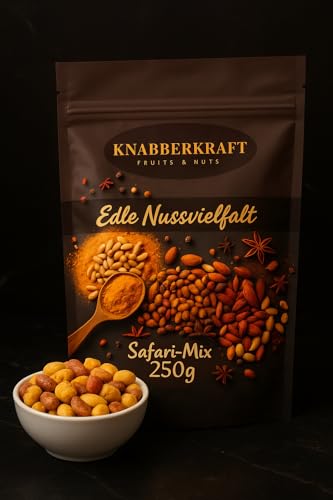 Knabberkraft Safari Mix – Premium Nussmischung inkl: Cashewkerne, Erdnüsse, Mandeln, Pekannüsse, Macadamianüsse - Studentenfutter Nüsse mit exotischen Gewürzen - Gesunde Snacks - 250g