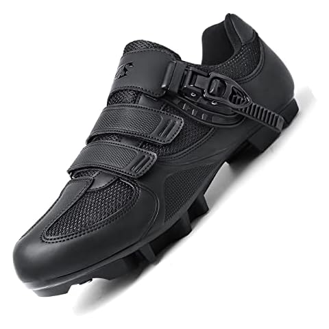 JUHUYP Women's Cycling Shoes for Mens MTB Mountain Bike Cycling Shoes Spin Compatible with Peloton/Look Delta Pedals SPD Cleats Black 43EU Cover