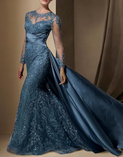 Mermaid Mother of The Bride Dress Long Sleeve Sweep/Brush Train Jewel Neck Guest Formal Evening Dress Ruching 20254