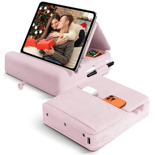 Image of Tablet Pillow Stand with Storage, Foldable iPad Holder for Lep, Bed, Sofa, and Desk - Soft Pad Dock with Pocket and Stylus Mount Compatible with 4-13 inch iPad Pro /Air /Mini, Galaxy Tab, Kindle (Purple)