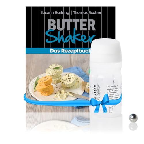 EINSTEIGER-Set für EINFACHES Butter Machen mit dem patentiertem Butter-Shaker (325ml) in Weiss + kreativem Rezeptbuch (Verlag Südwest). Viele Neue Rezepte für Butter und Buttermilch