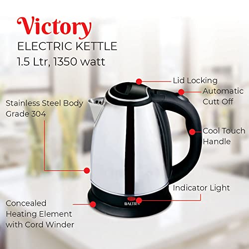 Image of Baltra Victory Electric Kettle Stainless Steel Body, 1.5 Ltr Capacity, 1350W | Auto Shut-Off, Over-heat Protection, Single Touch Lid Locking, Ideal for Tea or Coffee, BPA- Free