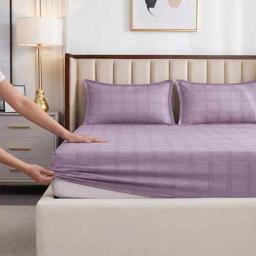 Image of Urban Space 100% Cotton 300TC Jacquard Fitted bedsheets for King Size Bed, Pure Cotton Bedsheet King Bed, Checks Fitted bedsheet King Size with 2 Pillow Covers (72 x 78 Inches, Soft Mauve Checks)