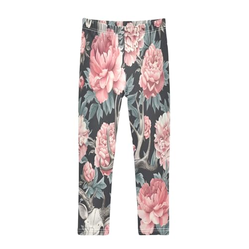 Bolaz Toddler Girls Leggings Printed Yoga Pants Leggings Deer Skull and Pink Flower for Kids