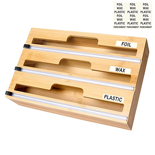 Leftgif 3 in 1 Plastic Wrap Dispenser with Cutter Labels Bamboo Foil Dispenser Wrap Organizer Cling Wrap Cutter Reusable Dispenser with Slide Cutter For Kitchen Drawer Wraps Roll Tin Foil,Wax Paper