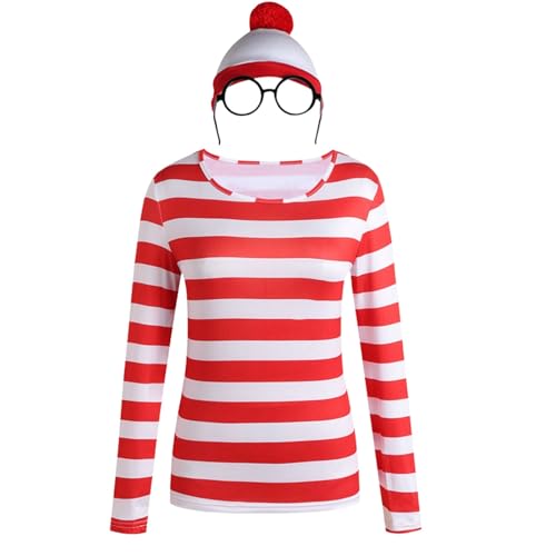 Conjunto de disfraz rojo y blanco para hombre y adulto, uniforme de wally, camiseta blanca a rayas, sombrero, gafas, calcetines, conjunto de ropa para el día mundial, disfraz de día mundial, disfraz