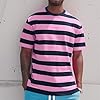 Casual Men's Striped T Shirt Short Sleeve Crew Neck Style Colorful Stripes Printed T-Shirts Retro Loose Tops B-Pink #1
