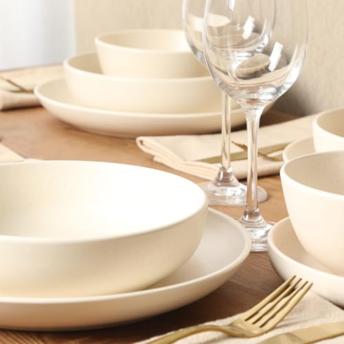 Image of Gibson Elite Leeds Court Plates and Bowls Sets, 16-Piece Stoneware Dinnerware Sets, Cream White, Round Speckle Reactive Glaze Dish Set