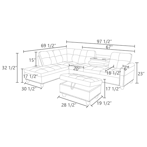 image for GlasFlength L Shaped Sectional Sofa with Ottoman, Nail-Head Design Lea