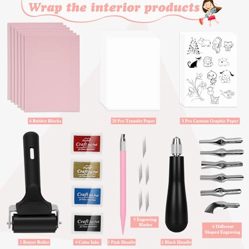 28 Stück Lino-Schneid und Druckset, Linolschnitt Set, Blockdruck Starter Kit, mit Gummiblöcke, Stempelblock, Bildhauerwerkzeugen, Pauspapieren und Gummiwalze für Stempelschnitzerei und Druckgrafik