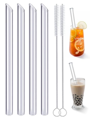 Realure Lot de 4 Paille en Verre Transparente avec Brosses, Verre Paille Bubble Tea Reutilisable de 14mm Large, Grosse Pailles en Vitre de 21.5cm pour Bubble Tea, Smoothie, Cocktail, Jus (Oblique)