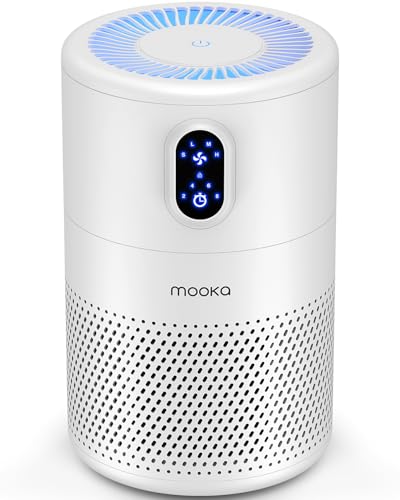 Air Purifier for Bedroom Home, MOOKA Quiet H13 True HEPA 3-stage Air Filter with 4 Fan Modes & Night Light, Removes Smoke Dust Pollen Pet Dander Odour for Office Desktop(White)
