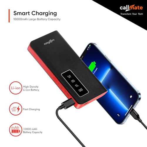 Image of Callmate 10000mAh Power Bank with LED Lamp, 12W Fast Charging & Digital Display with 3 USB Output Ports & 2 Input for iPhone, Smartphones & Other Devices (12 W, Fast Charging) (Red, Lithium Ion)