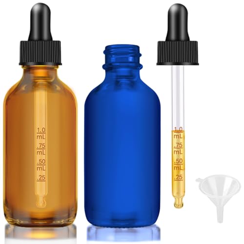 Bumobum Glass Dropper Bottles, 2 oz Amber and Blue for Essential Oils With Funnel, Labels & Pipette - 2 Pack Eye Tincture Dispensing Bottle With Measured Dropper