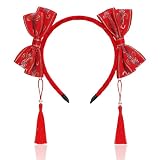 ULODJFN Red Bow Chinese Headband for Women, Chinese New Year Hair Accessories with Tassels, Red Hair Bands for Lunar New Year Holiday Parties & Traditional Occasions
