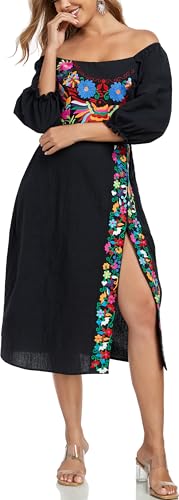 YZXDORWJ Women's Mexican Dress Boho Embroidered Summer Casual Off Shoulder Short Vacation Dress3