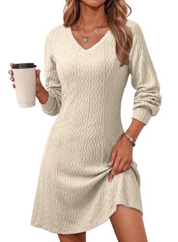 Dokotoo Winter Dresses for Women 2026 Fall Fashion Long Sleeve Dress for Women Fit and Flare Elegant V Neck A Line Knit Sweater Dress Business Casual Outfits Church Clothes Beige Dresses for Boots M