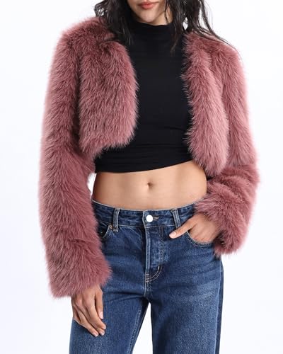 Xintianji Womens Faux Fur Cropped Jacket - Open Front Long Sleeve Winter Fuzzy Fleece Coat4