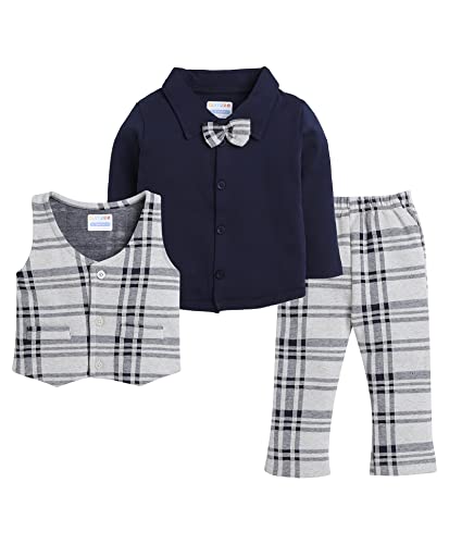 Image of BUMZEE Beige & Navy Boys Full Sleeves Shirt Waistcoat & Pant Set with Applique Bow (Peb8050)