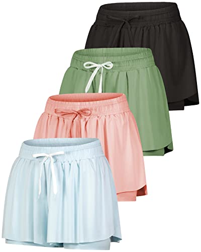 4-Pack: Womens Flowy Shorts Short Women Running Workout Athletic Skort Girls Clothes Spandex Gym High Waist Yoga Biker Skorts Preppy Clothing Butterfly Teen Lounge Trendy Beach Tennis - Set 8, M #TOP17