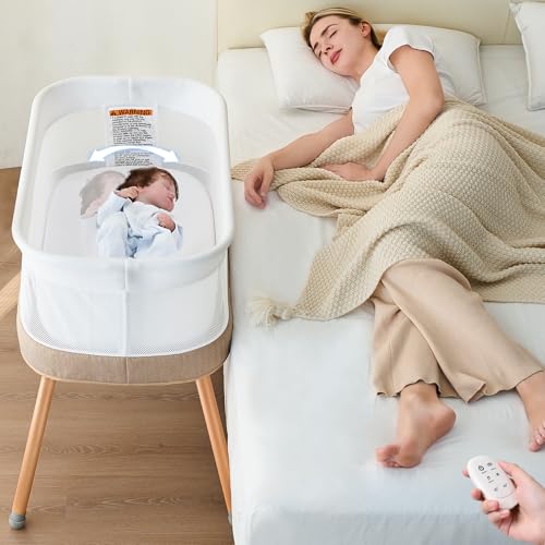 Image of VaVaSoo Automatic Rocking Bassinet for Newborn, 3-Speed Electric Baby Bassinet with White Noise & Lullabies, Portable Baby Bedside Sleeper with Battery Power, Brownish-Yellow