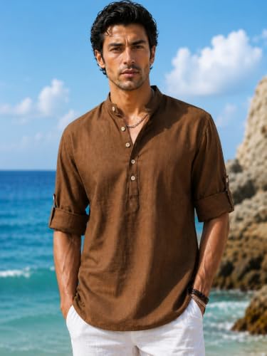 Image of Majestic Man Men's Pure Cotton Solid Mandarin Collar Slim Fit Roll-Up Sleeves Short Kurta Lightweight Summer Kurta for Daily & Occasion Use