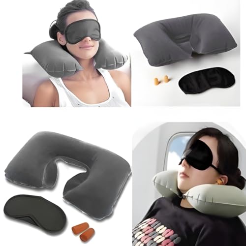 Image of Travel Kit Combo - Inflatable Neck Pillow, Soft Eye Mask & Earbuds for Airplane, Car & Train - Travel Accessories Set (Grey)
